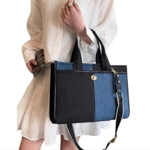 Patchwork Chic Denim Colorblock Style Tote Bag Two-tone, Adjustable Guitar Strap